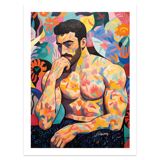 Contemplative Muscular Male, Hand on Chin amidst a Vibrant Floral Backdrop - Giclee Art Print