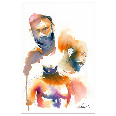 Bearded Trio - Expressive Male Faces with Hairy Chests - 6x9" Original Watercolor Painting Artist Brenden Sanborn