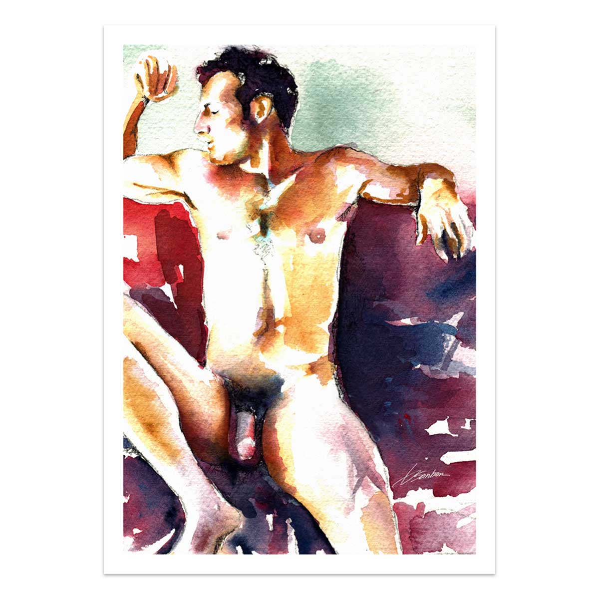 Reclining Male Nude with Strong Arms and Relaxed Expression - Art Print