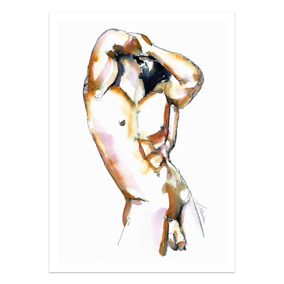 Strong Curves Male Nude with Hands Behind Head - Art Print