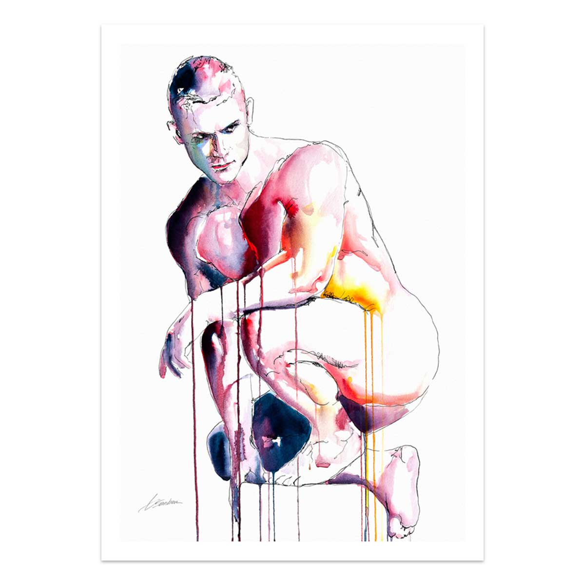 Crouched in Thought Muscular Form Highlighted by Bold Strokes - Art Print