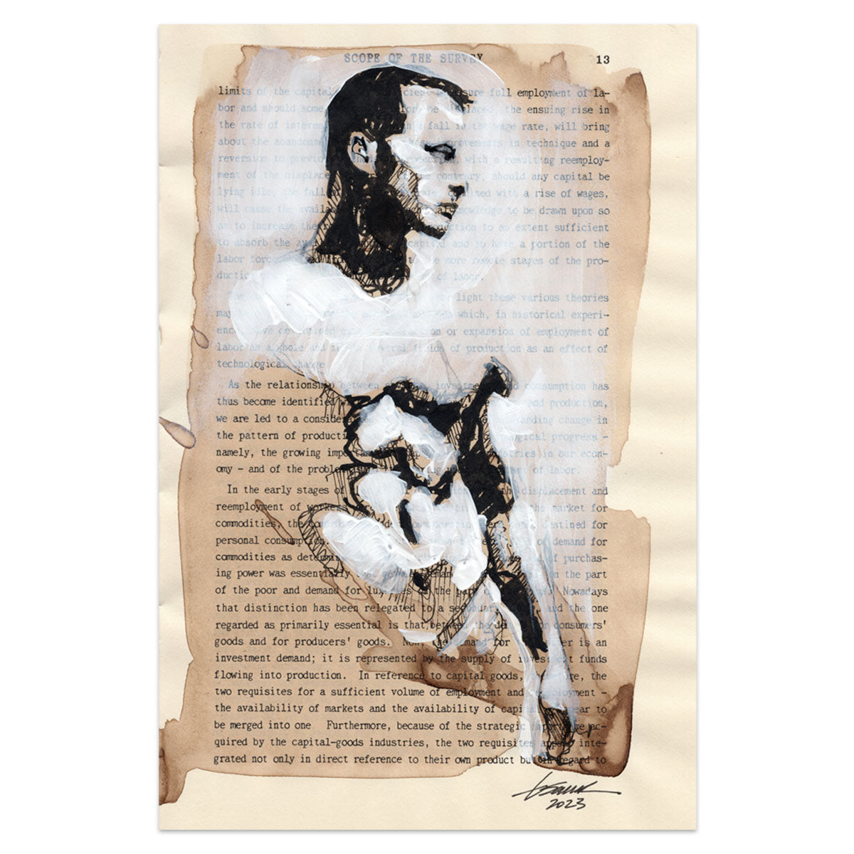 Muscular Figure on Literature - 6x9" Original Book Paper Art
