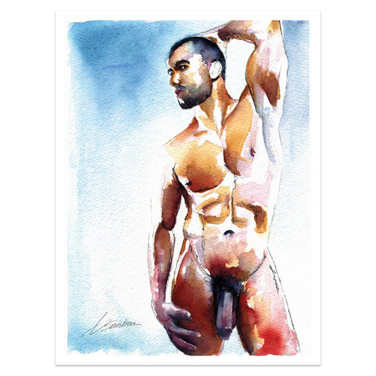 Muscular Full Nude Man with Smooth Chest, Majestic Pose - Giclee Art Print