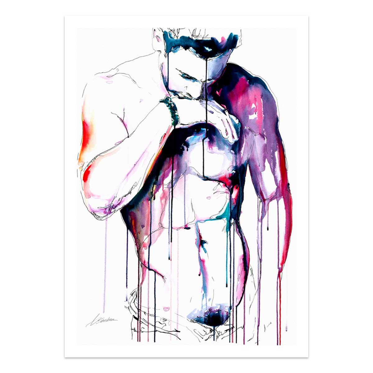 Head Bowed Over Chiseled Abs in a Quiet, Vulnerable Moment - Art Print