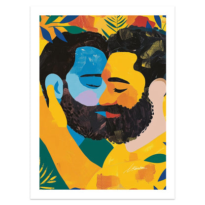 Embracing Serenity in Color: Intimate Moment Between Bearded Gay Lovers - Giclee Art Print