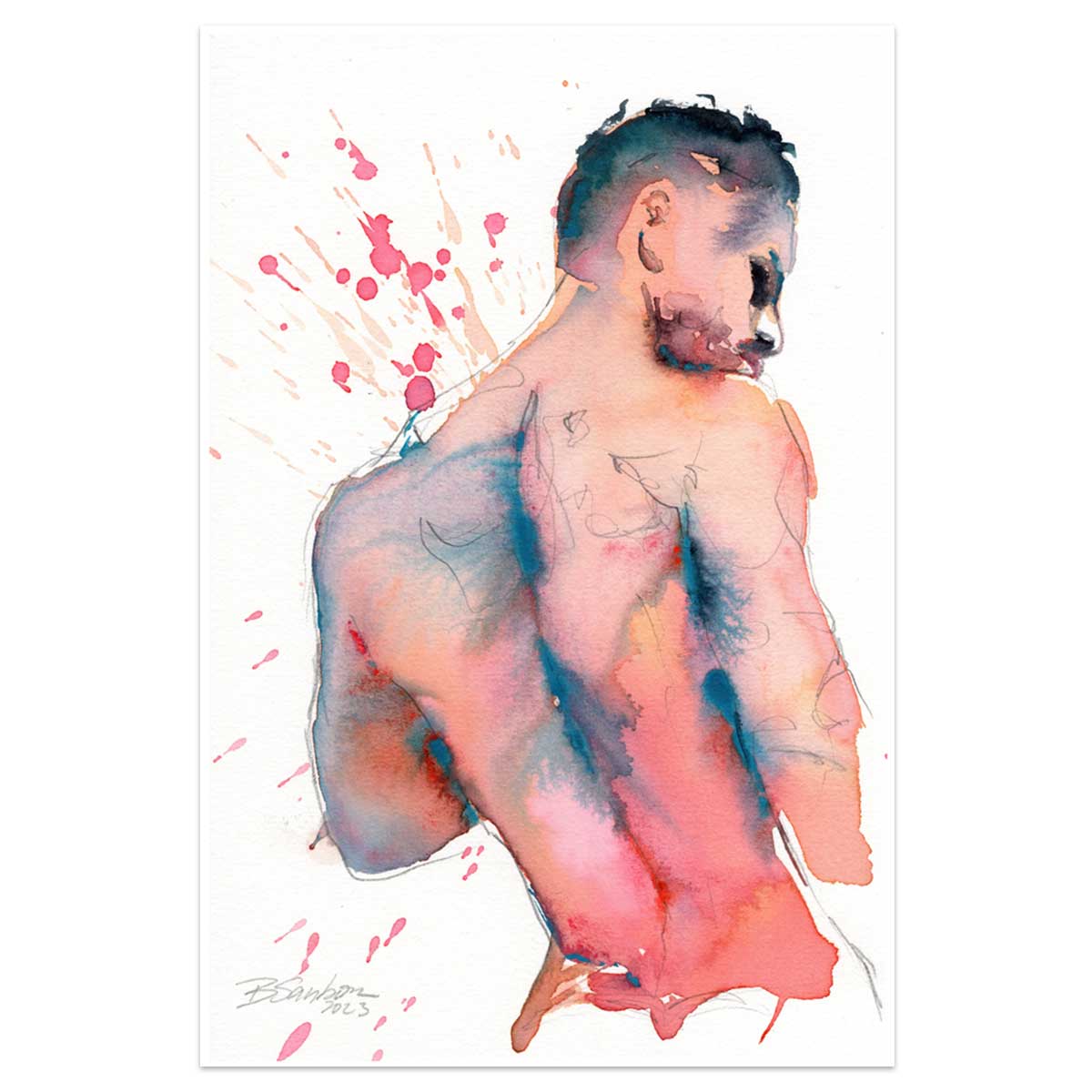 Nude Male, Standing with Splattered Background - 6x9" Original Watercolor Painting