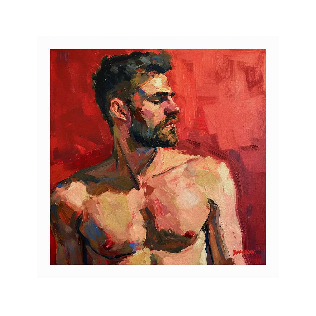 Resolute Profile - Bearded Man with Red Backdrop - Giclee Art Print