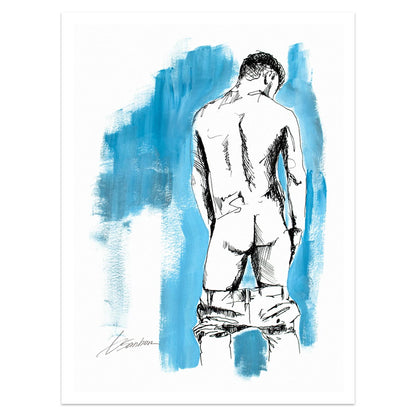 Daring Descent: Young Man with Muscular Arms, Pants Lowered - Giclee Art Print