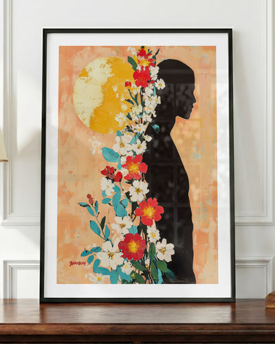 Sun Keeper art print in a black frame, shown up close