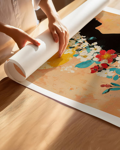 Hands unrolling the Sun Keeper fine art paper print, showing the white border