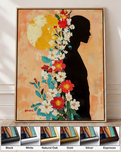 Sun Keeper on canvas in a natural oak floating frame, with corner samples of all six frame colors: black, white, natural oak, gold, silver and espresso