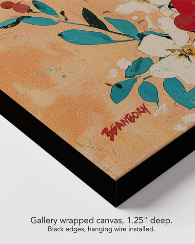 Corner of Sun Keeper on gallery wrapped canvas, 1.25 inches deep, with black edges and hanging wire installed