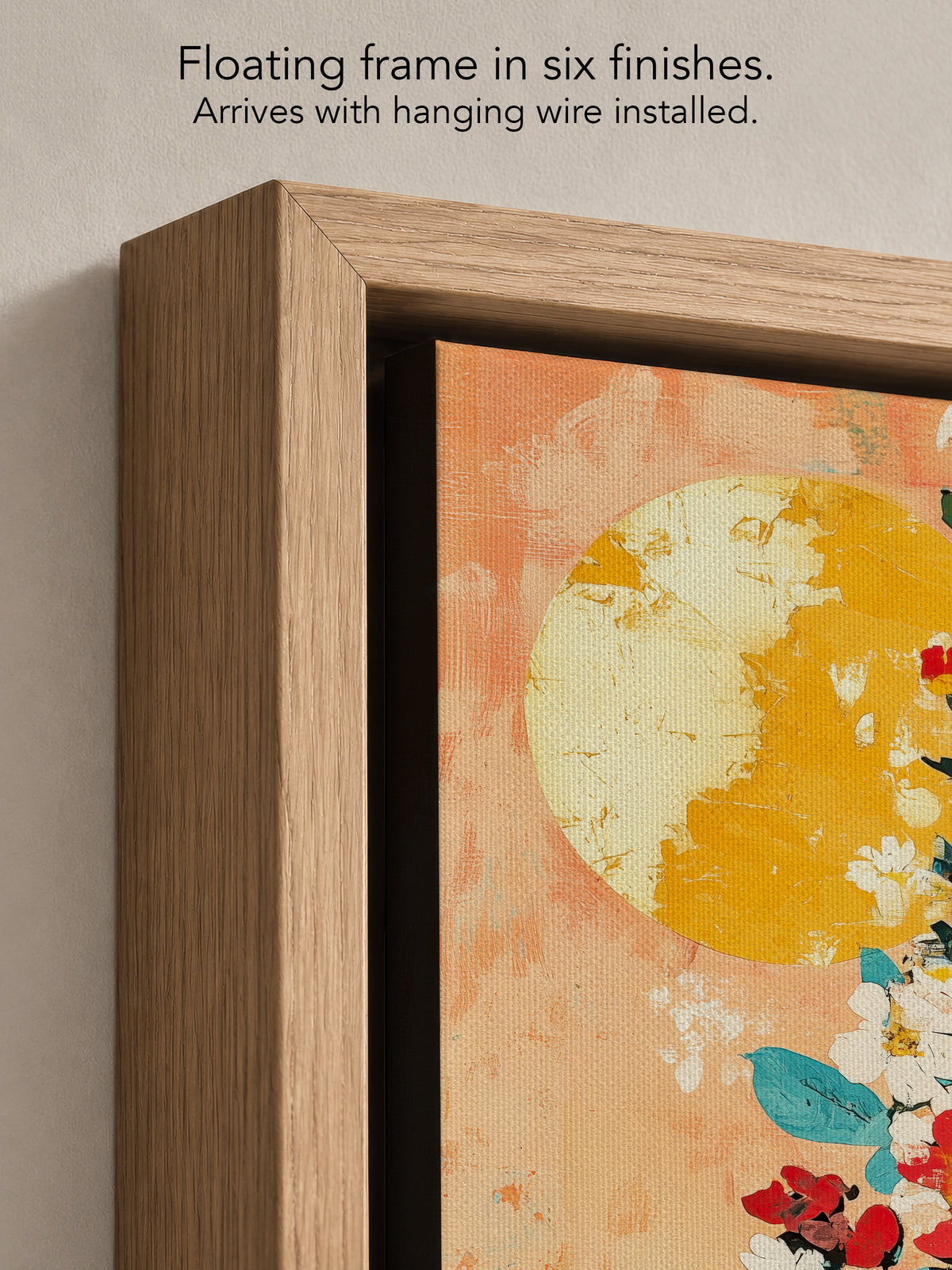 Close up corner of Sun Keeper in a natural oak floating frame, with black canvas edges and hanging wire installed