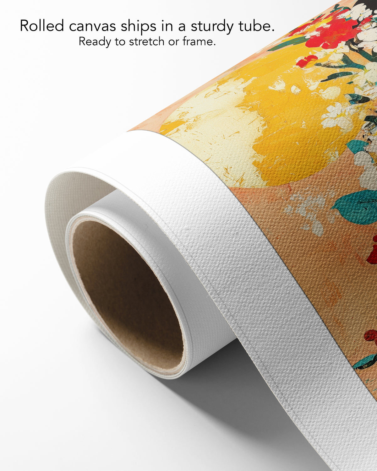 Sun Keeper on rolled canvas with a white border, curling off its cardboard core