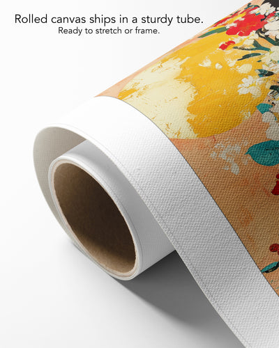 Sun Keeper on rolled canvas with a white border, curling off its cardboard core