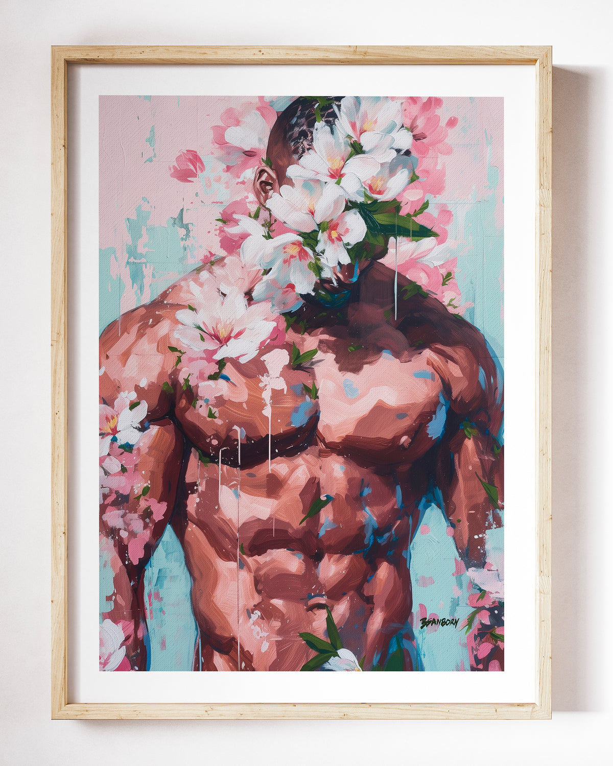Sweet Drift art print by Brenden Sanborn, a muscular figure with white blossoms across his face and color dripping down his chest, shown in a light wood frame