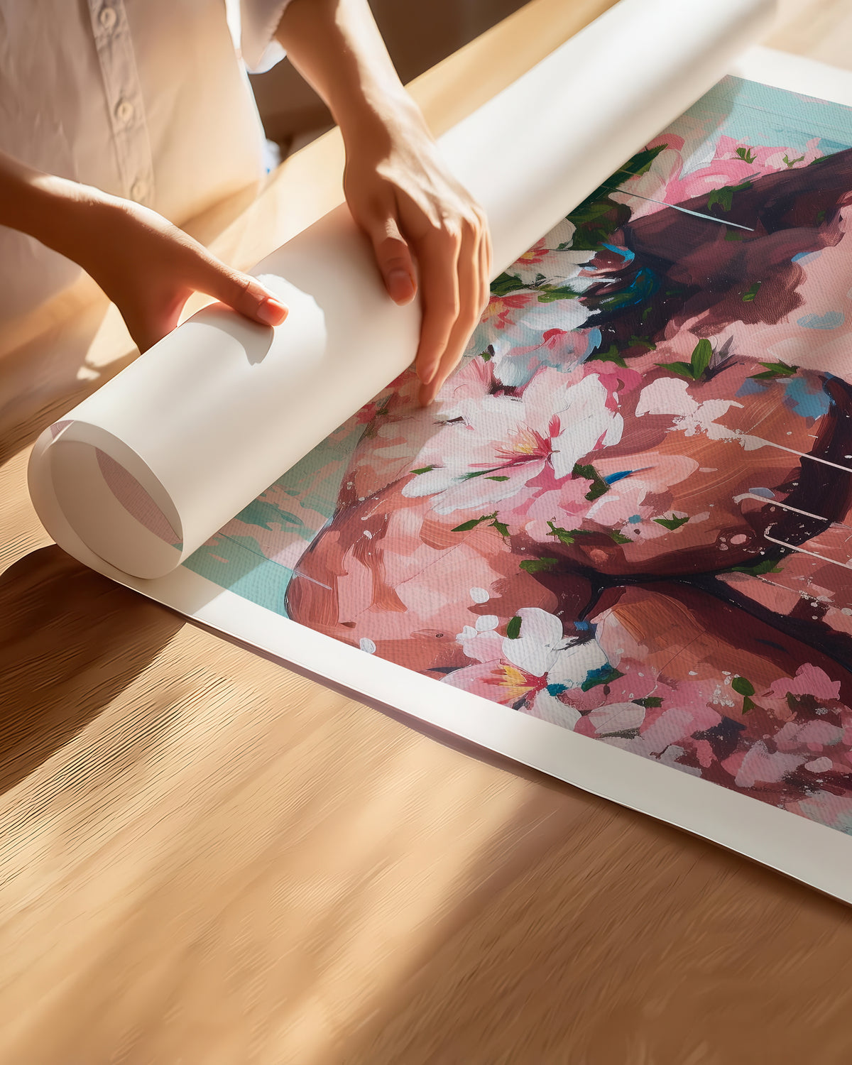 Hands unrolling the Sweet Drift fine art paper print, showing the white border