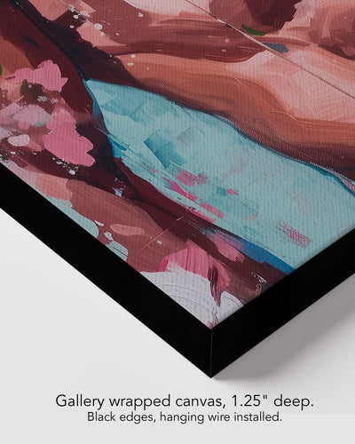 Corner of Sweet Drift on gallery wrapped canvas, 1.25 inches deep, with black edges and hanging wire installed