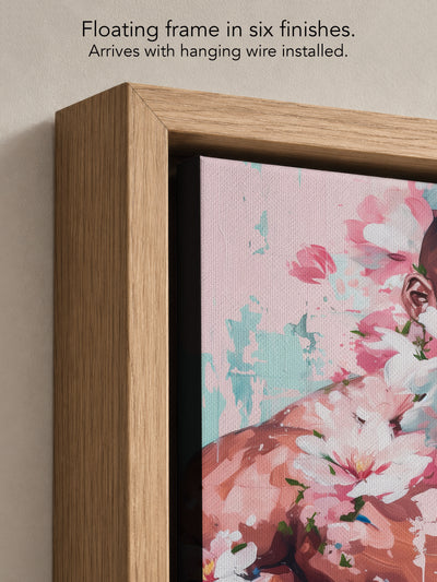 Close up corner of Sweet Drift in a natural oak floating frame, with black canvas edges and hanging wire installed