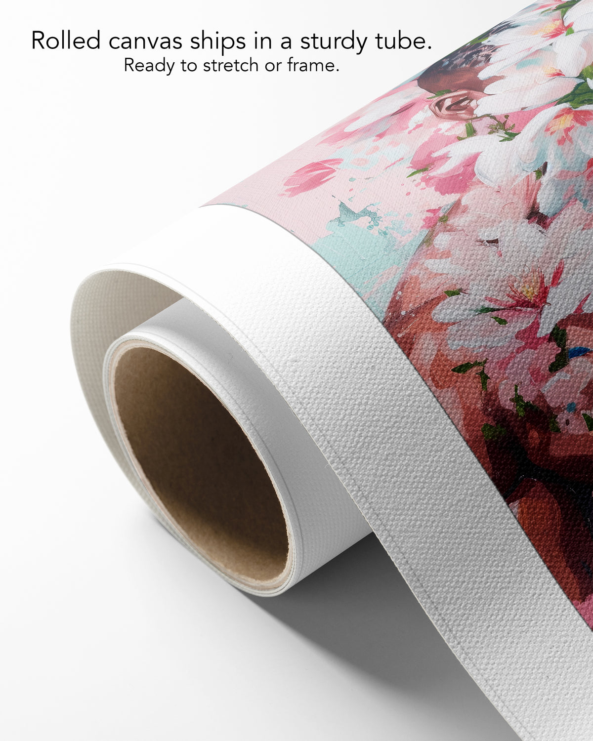 Sweet Drift on rolled canvas with a white border, curling off its cardboard core