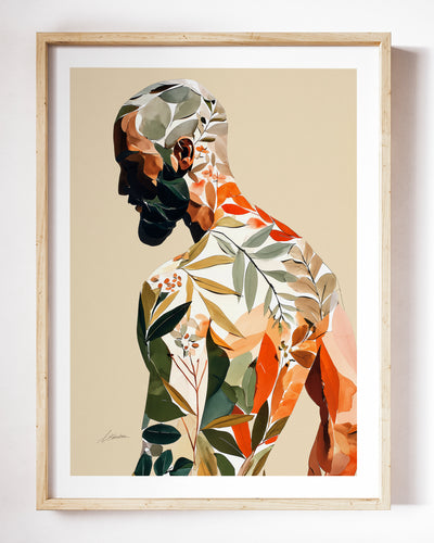 Turning Leaf art print by Brenden Sanborn, a bearded man with his head bowed, his body pieced together from green and rust leaves, shown in a light wood frame