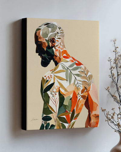 Turning Leaf on stretched canvas with black edges, hung on a wall and seen at an angle