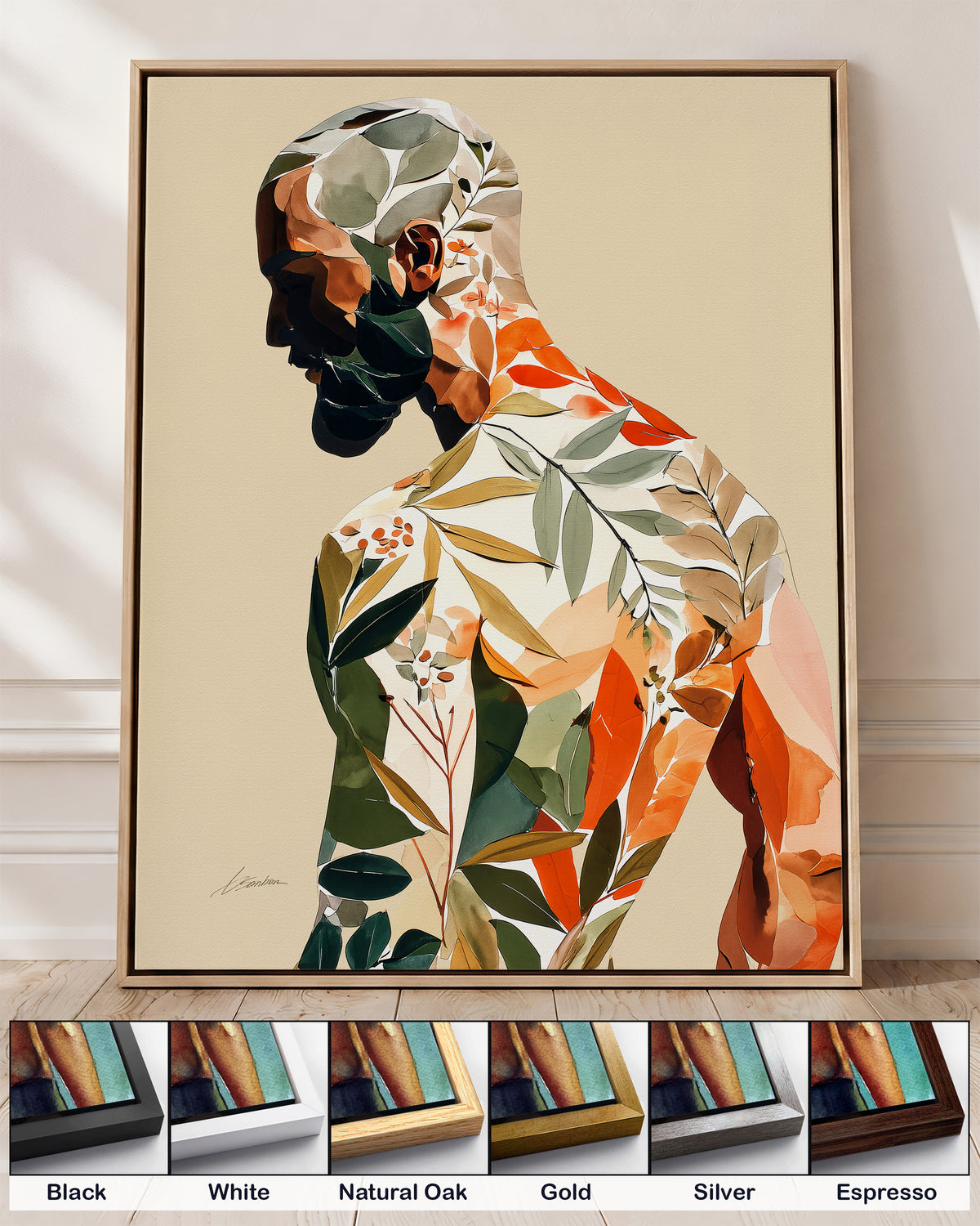 Turning Leaf on canvas in a natural oak floating frame, with corner samples of all six frame colors: black, white, natural oak, gold, silver and espresso