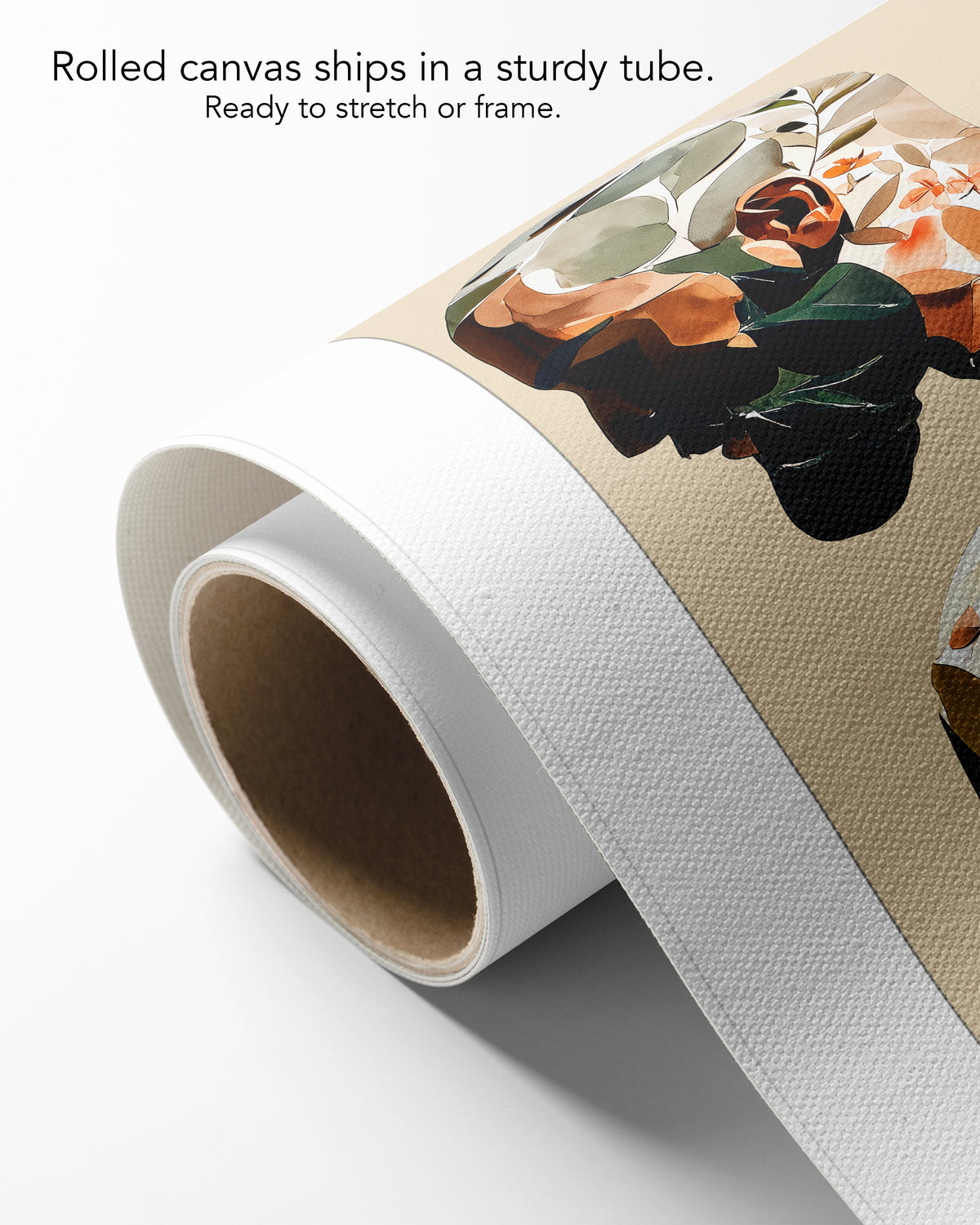 Turning Leaf on rolled canvas with a white border, curling off its cardboard core