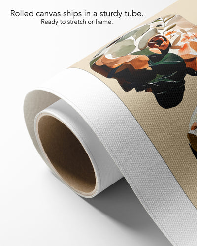 Turning Leaf on rolled canvas with a white border, curling off its cardboard core