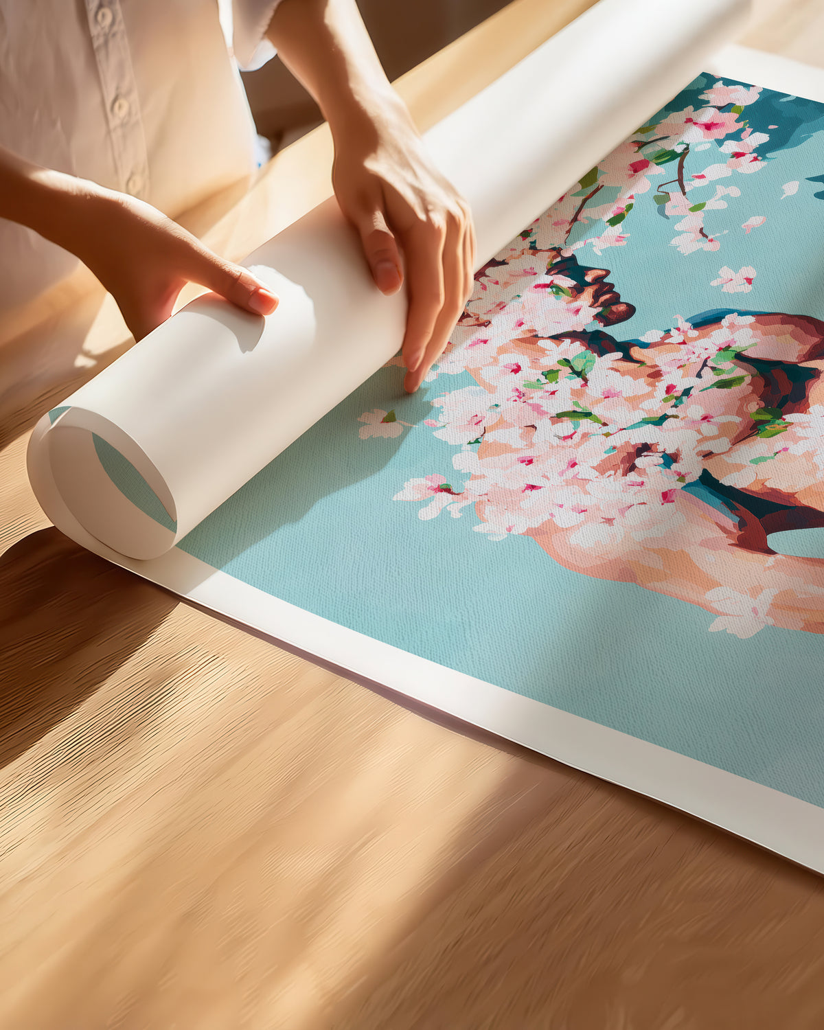 Hands unrolling the Under Branches fine art paper print, showing the white border