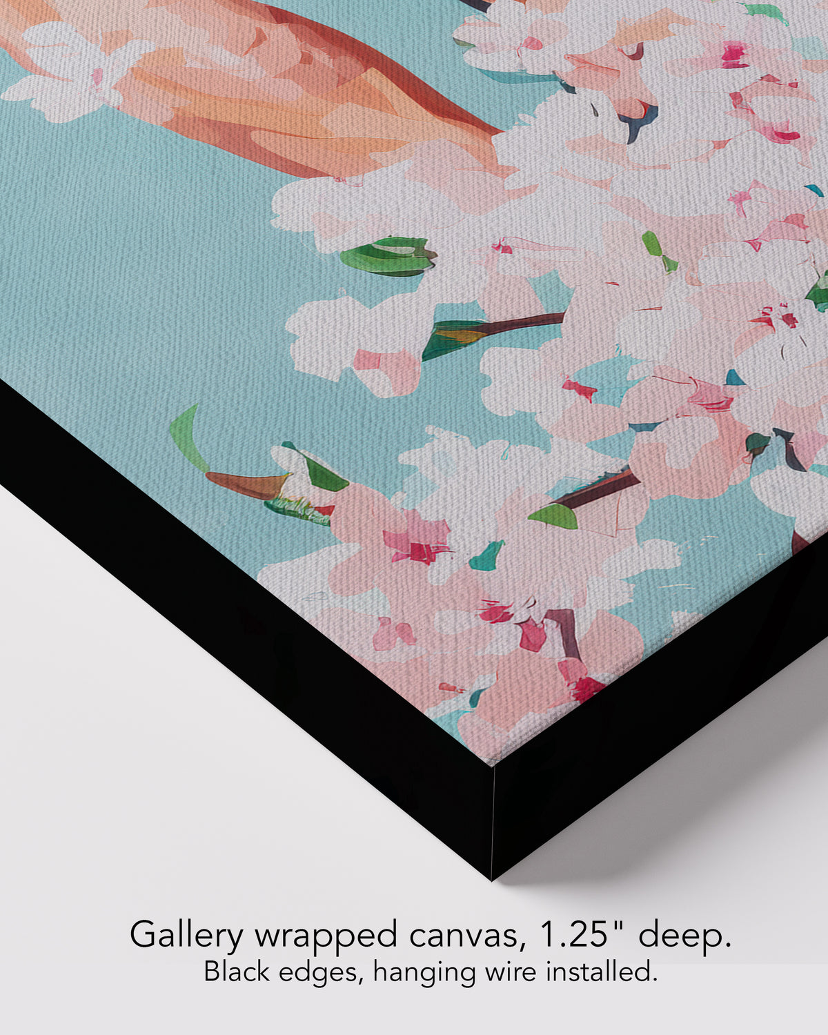 Corner of Under Branches on gallery wrapped canvas, 1.25 inches deep, with black edges and hanging wire installed