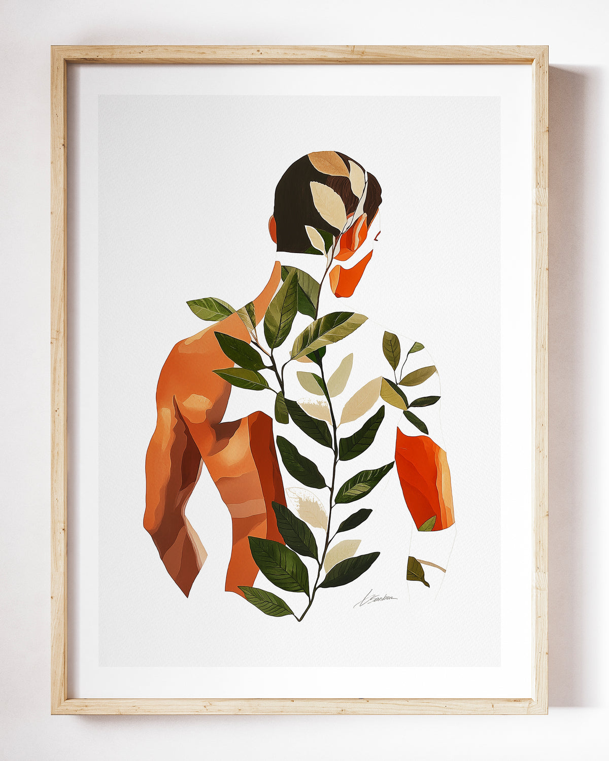 Vine Memory art print by Brenden Sanborn, a man's back with a green vine branching across his shoulders on a white background, shown in a light wood frame