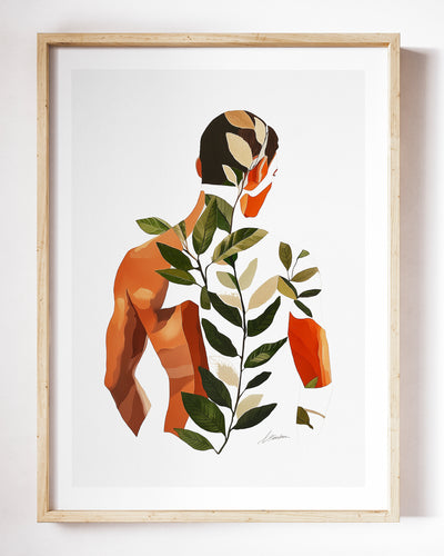 Vine Memory art print by Brenden Sanborn, a man's back with a green vine branching across his shoulders on a white background, shown in a light wood frame