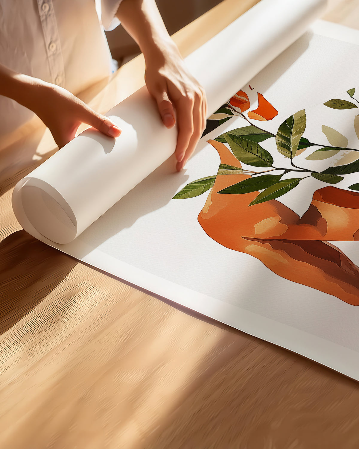 Hands unrolling the Vine Memory fine art paper print, showing the white border