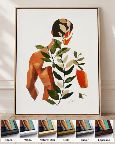 Vine Memory on canvas in a natural oak floating frame, with corner samples of all six frame colors: black, white, natural oak, gold, silver and espresso
