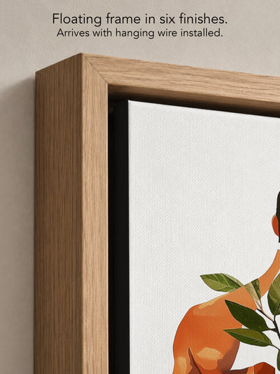 Close up corner of Vine Memory in a natural oak floating frame, with black canvas edges and hanging wire installed