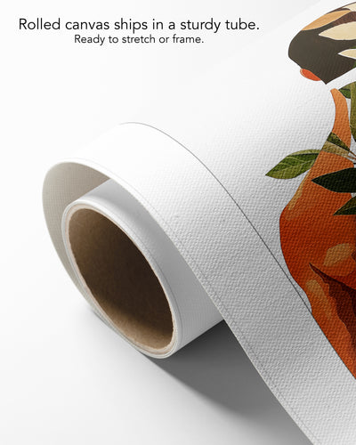 Vine Memory on rolled canvas with a white border, curling off its cardboard core