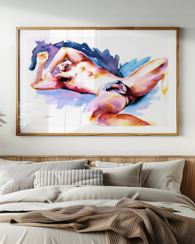 Wide Awake art print in a light wood frame hung above a bed in a bright bedroom