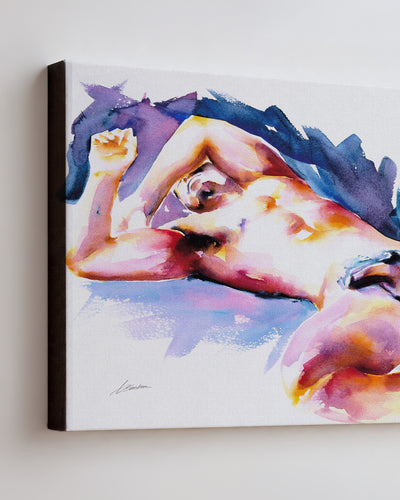 Wide Awake on stretched canvas with black edges, seen at an angle