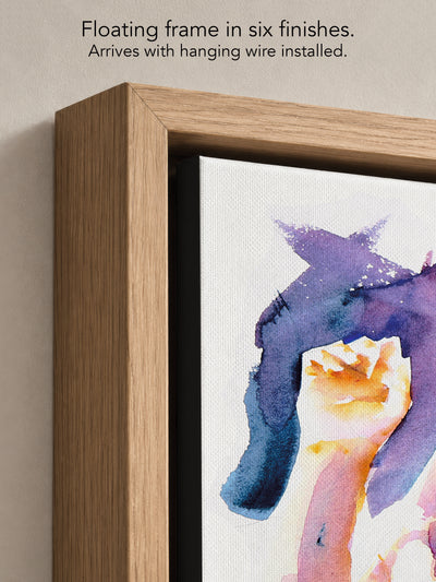 Close up corner of Wide Awake in a natural oak floating frame, with black canvas edges and hanging wire installed