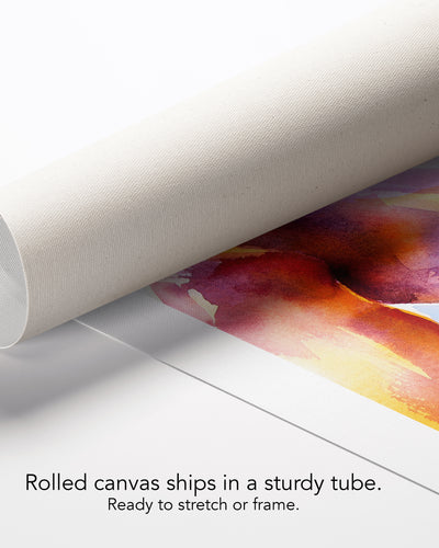 Wide Awake on rolled canvas with a white border, curling off its cardboard core