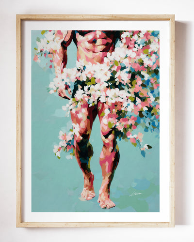 Walking Spring art print by Brenden Sanborn, a figure walking forward with a cloud of cherry blossoms at his waist, shown in a light wood frame