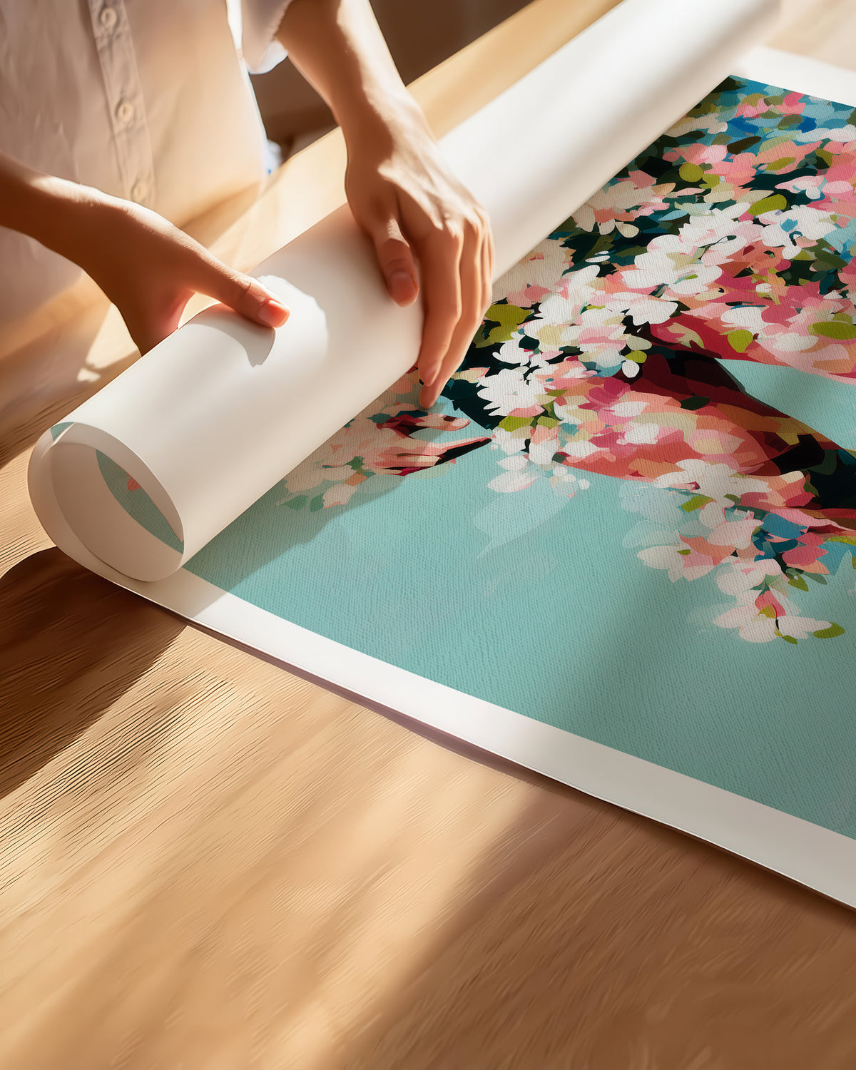 Hands unrolling the Walking Spring fine art paper print, showing the white border