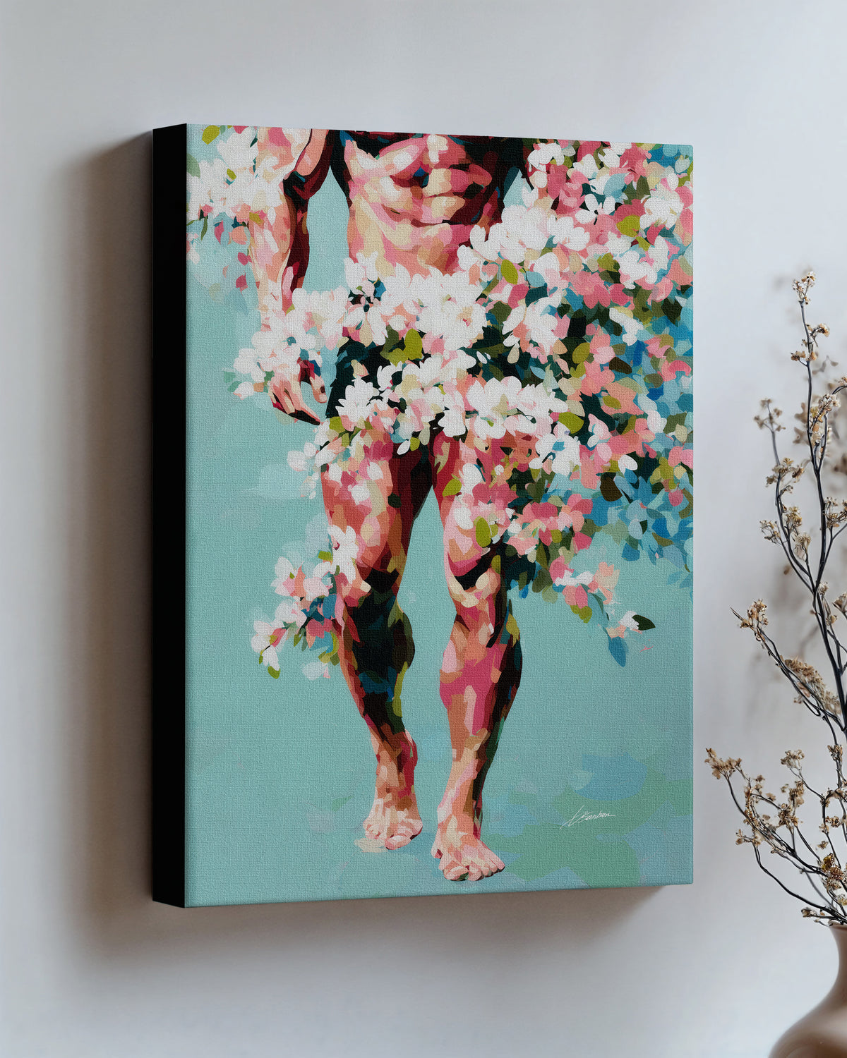 Walking Spring on stretched canvas with black edges, hung on a wall and seen at an angle