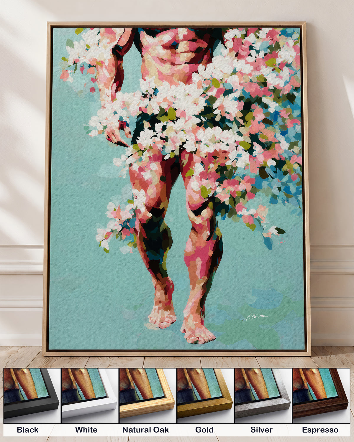 Walking Spring on canvas in a natural oak floating frame, with corner samples of all six frame colors: black, white, natural oak, gold, silver and espresso