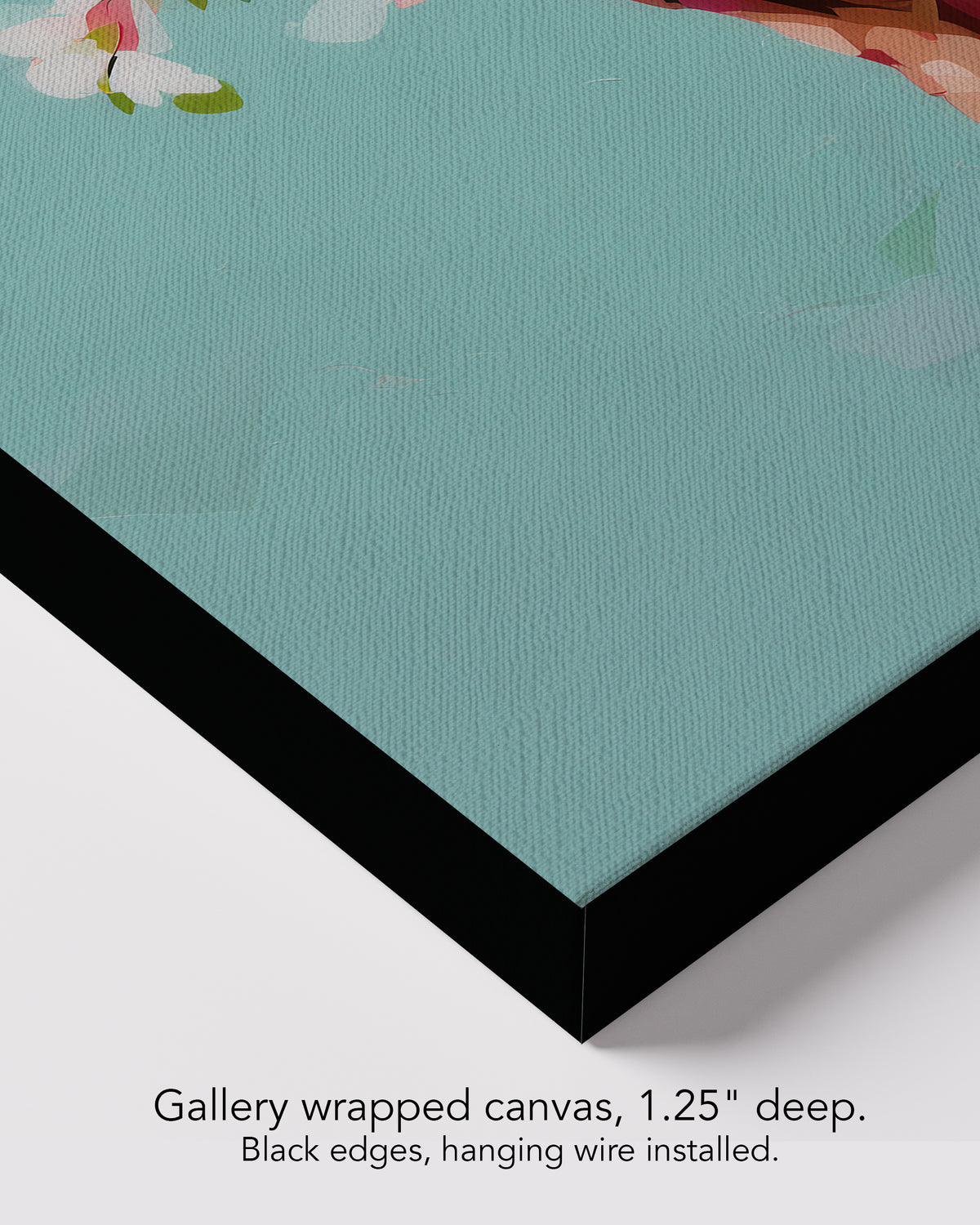 Corner of Walking Spring on gallery wrapped canvas, 1.25 inches deep, with black edges and hanging wire installed