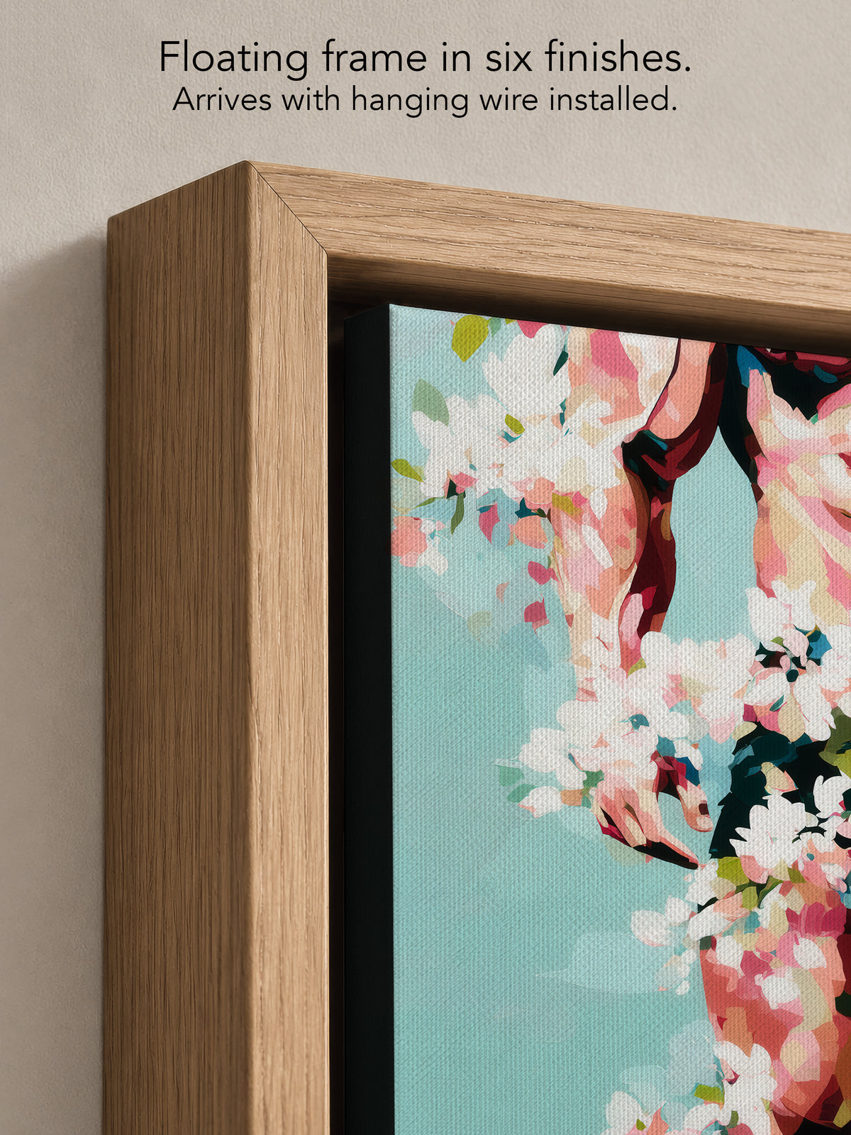 Close up corner of Walking Spring in a natural oak floating frame, with black canvas edges and hanging wire installed