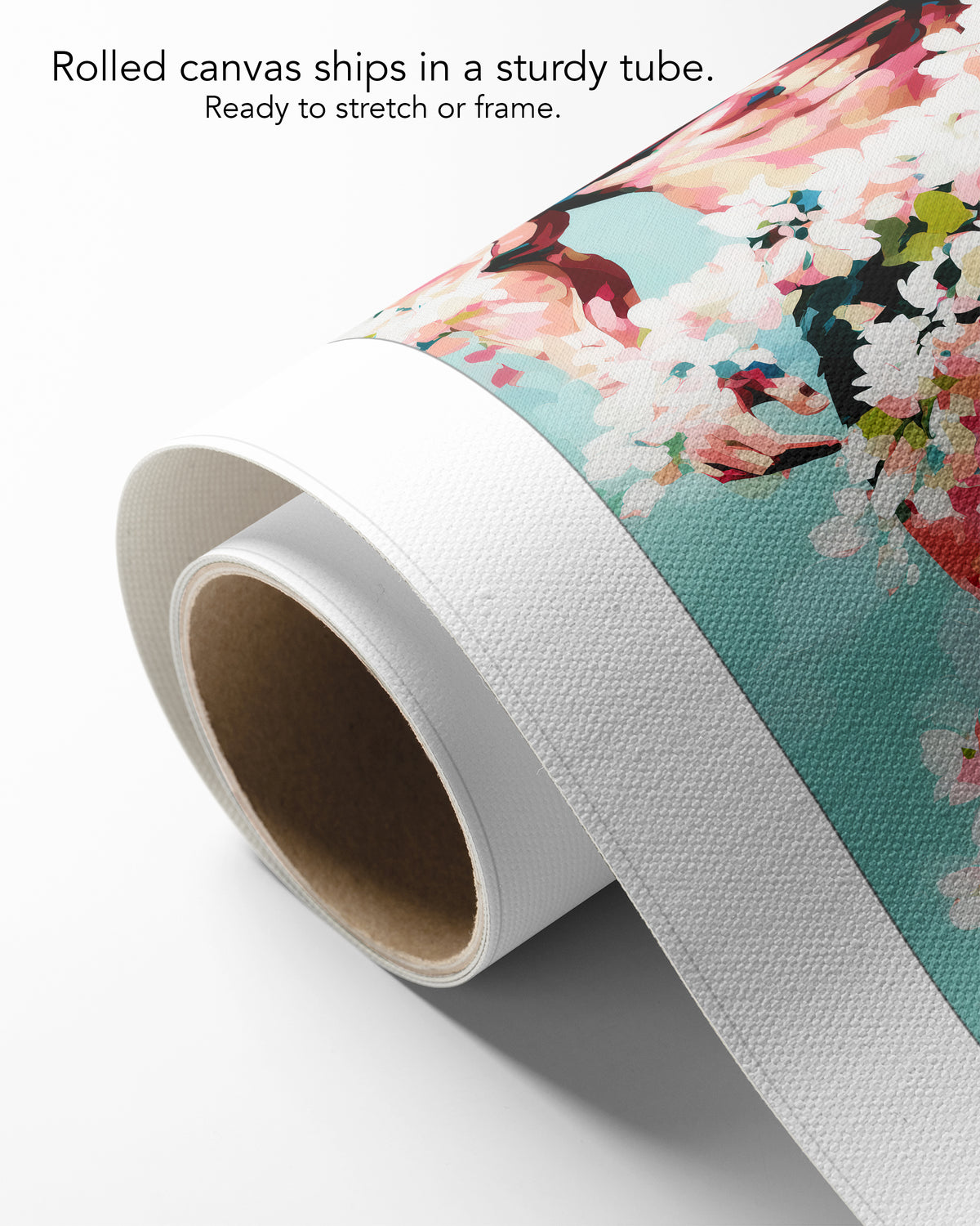 Walking Spring on rolled canvas with a white border, curling off its cardboard core