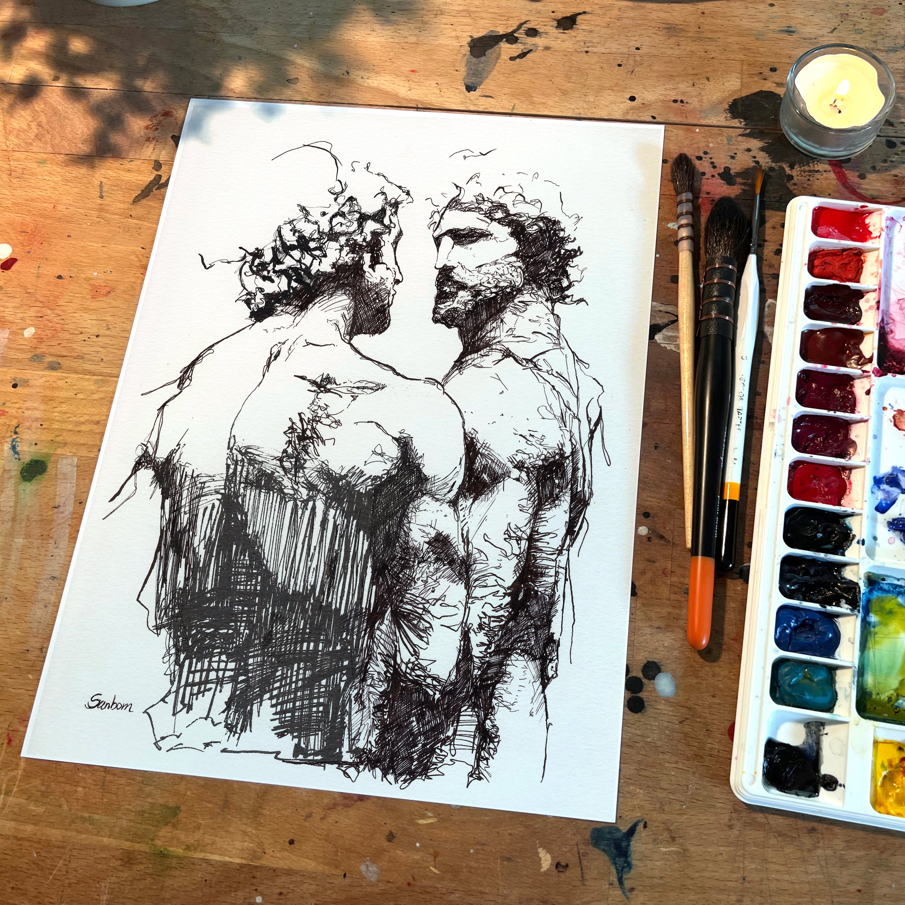 Two male figures pen and ink original drawing 9x12 classical figurative art by Brenden Sanborn