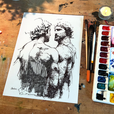 Two male figures pen and ink original drawing 9x12 classical figurative art by Brenden Sanborn